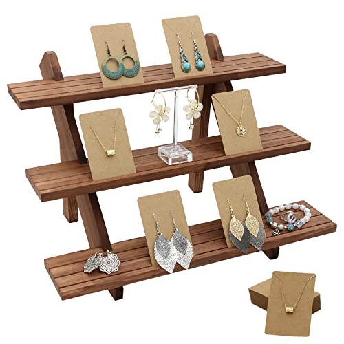 Auroal 51pcs 3-Tier Wood Earring Display Stand, Retail Display Riser Earring, Ring Holder Stand, Removable Countertop Small Merchandise Display Stand with 50 Pcs Earring Card (Light brown)