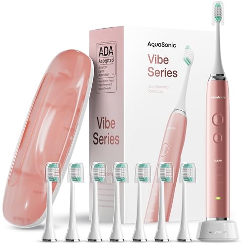 Aquasonic Vibe Series Ultra-Whitening Toothbrush – ADA Accepted Power Toothbrush - 8 Brush Heads & Travel Case – 40,000 VPM Motor & Wireless Charging - 4 Modes w Smart Timer – Satin Rose Gold