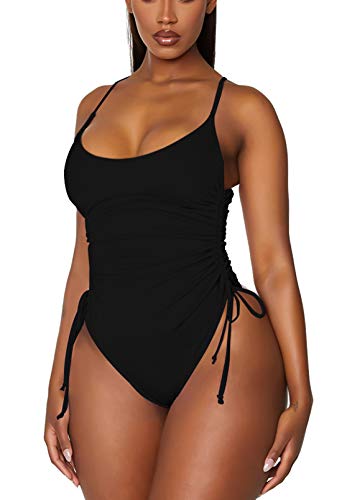 Viottiset Women's Ruched Drawstring One Piece Swimsuit Cheeky High Cut Tummy Control Swimwear Black X-Large
