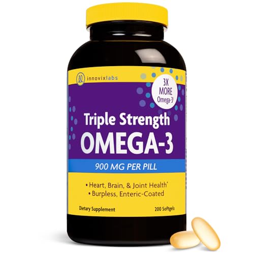 InnovixLabs Triple Strength Omega 3 Fish Oil Supplement - 900 mg, Pure EPA DHA Omega 3 Supplement Brain & Joints, Burpless Omega-3 for Women and Men with Enteric Coating - 200 Capsules