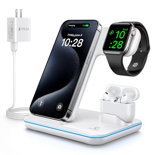 WAITIEE Wireless Charger 3 in 1, 15W Fast Charging Station for Apple Watch 9/8/Ultra 2/Ultra/SE/7/6/5/4/3/2, for AirPods 3/2/1/Pro/Pro 2, for iPhone 15/14/13 /Plus/Pro/Pro Max/12/11/X/Xr/XS/8 (White)