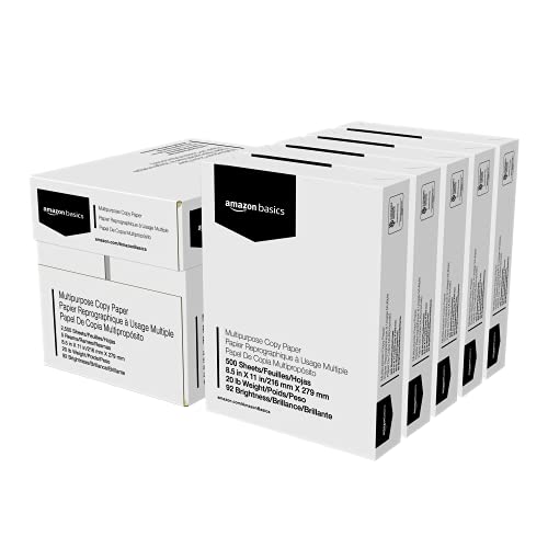 Amazon Basics Multipurpose Copy Printer Paper, 8.5' x 11', 20 lb, 5 Reams, 2500 Sheets, 92 Bright, White