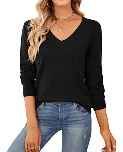 QUALFORT Women's 100% Cotton Sweater V Neck Long Sleeve Knitted Sweaters Black X-Large
