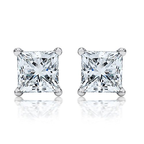 1/2 Carat 18K White Gold Solitaire Diamond Stud Earrings Princess Cut 4 Prong Push Back (D-F Color, VS2-SI1 Clarity)