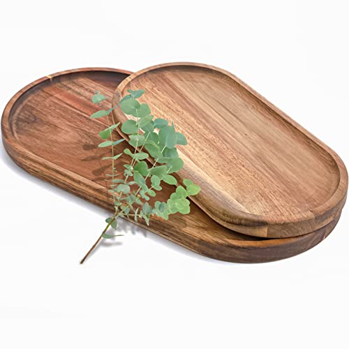 Elsjoy Set of 2 Acacia Wooden Serving Trays, Natural Wood Serving Platters Set with Lip, Oval Charcuterie Plates Board Rustic Long Bread Fruit Dishes for Kitchen Decor, 14'x7' and 11'x5.5'