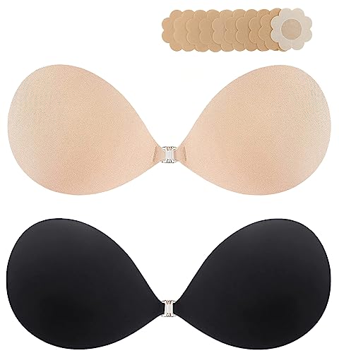 KISWON Silicone Adhesive Push Up Strapless Bra Invisible Backless Sticky Bra with Nipple Covers for Women Black and Beige