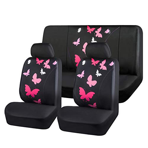 CAR PASS Universal Pretty Flying Butterfly Car Seat Covers Full Set, Fit for Women Cute Girls sedans,cars,vans ,Airbag Compatible(Black And Pink)