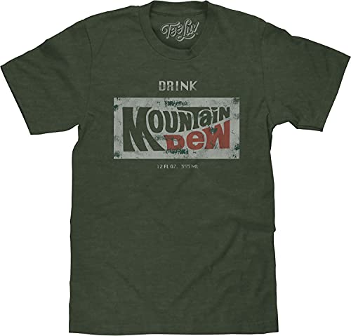 Tee Luv Retro Drink Mountain Dew Shirt - Distressed Mt Dew Logo T-Shirt (Forest Heather) (M)