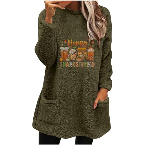 Blusas Para Mujer Casuales Y Elegantes Happy Thanksgiving Blouses for Women Solid Color Drinks Coffee Print Pockets Sweatshirts Winter Warm Long Sleeve Tops