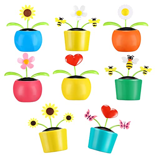Wettarn Set of 8 Solar Dancing Flower Toys Solar Powered Dancing Sunflower Toys in Colorful Pots Cute Solar Flip Flap Butterfly Bee Swing Heart Pot Toy for Car Decoration Window Car Dashboard Decor