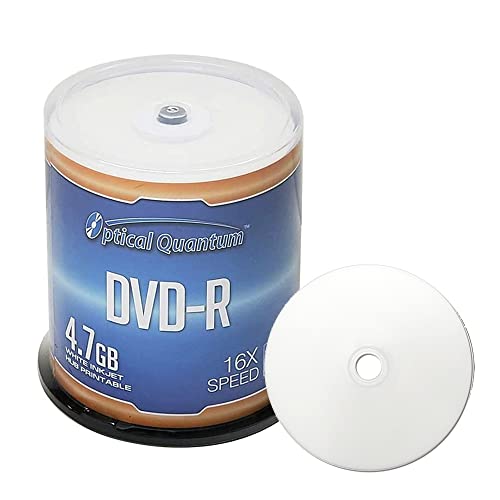 Optical Quantum DVD-R 4.7GB 16X White Inkjet Printable Hub Printable - 100pk Cake Box (FFP), 100 discs