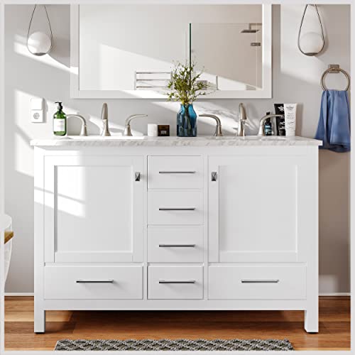 Eviva 48 Inch Bathroom Vanity with Sink-White Bathroom Vanity with Carrara Marble Top-Freestanding Double Sink Bathroom vanities with Spacious Storage-Bathroom Sink Cabinet and Wood countertop Combo