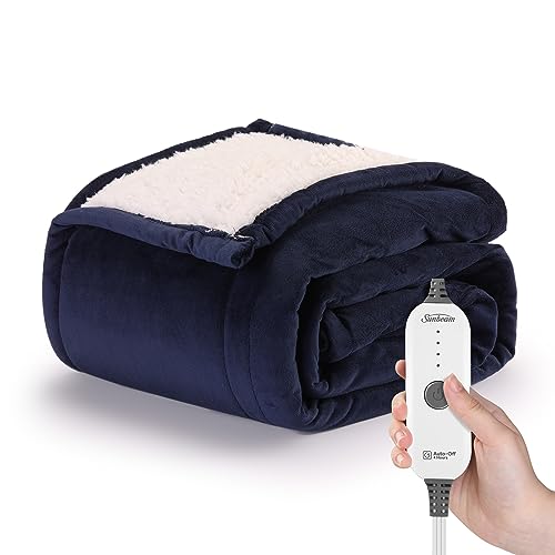 Sunbeam Royal Mink Sherpa Admiral Blue Heated Personal Throw / Blanket, Cozy-Warm, Adjustable Heat Settings