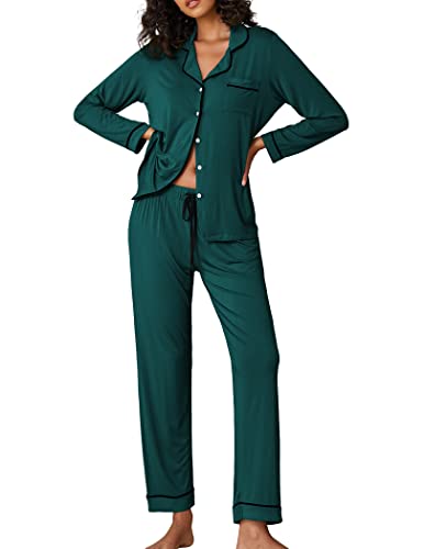 Ekouaer Women's Pajama Sets Long Sleeve Button Down Top & Pants Sleepwear Pjs Set Family Party Pajamas,Green,Large