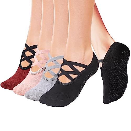 Cooque Yoga Socks Non Skid with Grips Barre Pilates Socks for Women Girls (Pink,Grey,Black,Wine red-01)