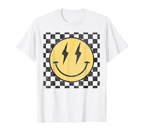 Retro Happy Face Shirt Checkered Pattern Smile Face Trendy T-Shirt
