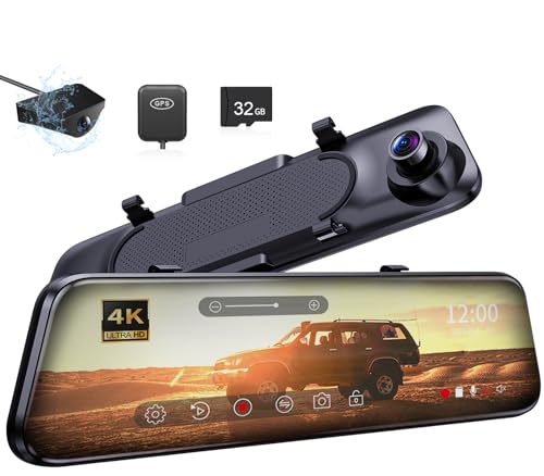 COOLCRAZY C8 4K+2K Rear View Mirror Camera, 12'' Mirror Dash Cam with 1440P Rear Camera,WDR Front and Rear Dash Camera for Cars and Trucks,Night Vision,Free 32GB Card&GPS,Parking Monitoring