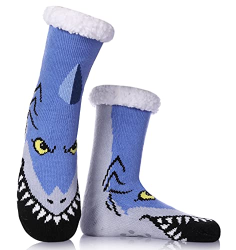 DYW Mens Slipper Socks Animal Fuzzy Non Slip Fluffy Winter Warm Soft Thick Fleece lined Thermal Home Socks (Shark)