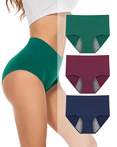 PULIOU Period Underwear for Women Heavy Flow High Waisted Menstrual Panties Teens Cotton Postpartum Hipster 3 Pack L