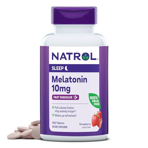 Natrol Sleep Melatonin 10mg Fast Dissolve Tablets, Nighttime Sleep Aid for Adults, 100 Strawberry-Flavored Melatonin Tablets, 100 Day Supply
