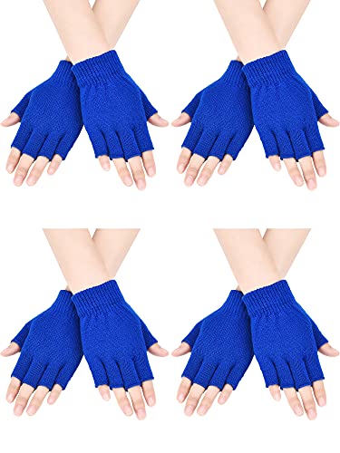 4 Pairs Fingerless Gloves Half Finger Mittens Winter Solid Color Knitted Typing Gloves for Boys and Girls (Blue)
