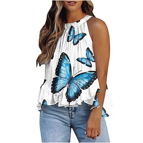 ZunFeo Summer Tank Tops for Women Halter Sleeveless Top Shirts Ruffle Cute Smocked Top Trendy Clothing 2023