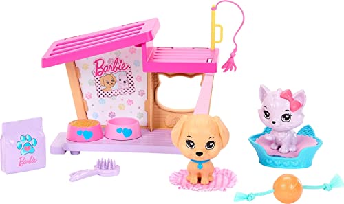 Barbie My First Barbie Accessories, Story Starter Pet Care Pack with Dog House, Puppy & Cat, Toys & Gifts for Little Kids, 13.5-inch Scale