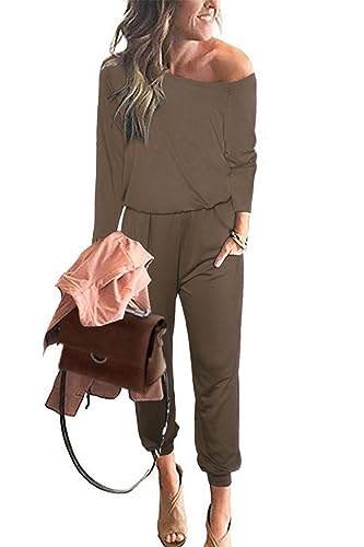 PRETTYGARDEN Women's Casual Long Sleeve Jumpsuit Crewneck Off Shoulder Elastic Waist Stretchy Romper (Khaki,Small)