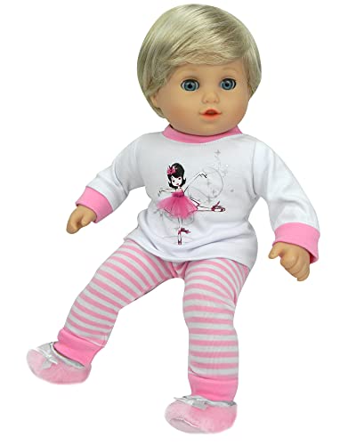 Sophia's Long-Sleeved Ballerina Tee, Striped Pants, & Fuzzy Slippers with Silver Bows Complete Pajama Set for 15” Baby Dolls, Light Pink/White