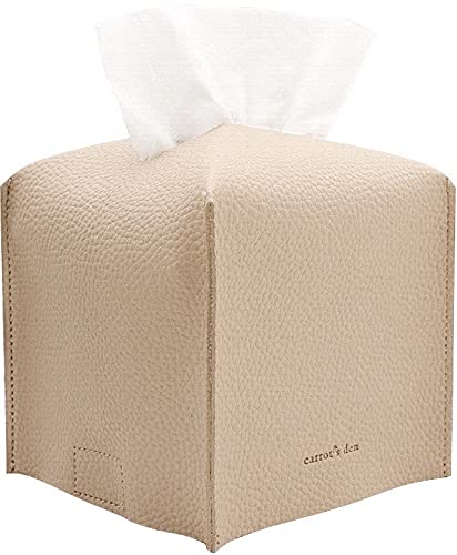 Tissue Box Cover Holder, Square with Bottom Belt by Carrot's Den - PU Leather Decorative Organizer for Tabletop, Bathroom, Car, Office | Beige