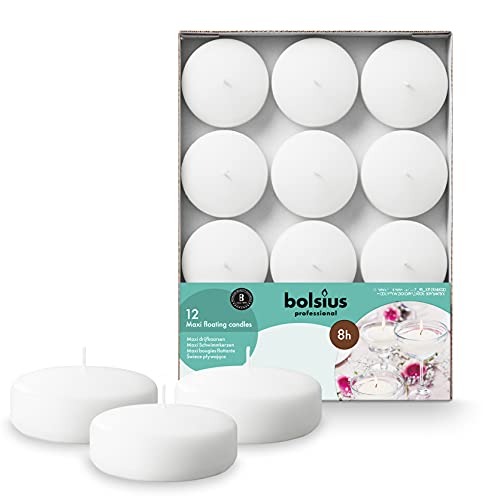 BOLSIUS White Floating Candles 3 Inch - Set of 12 Maxi Candles - 8 Hour Clean Burning - Palm Oil Free - 0% Animal Fat - Premium European Quality