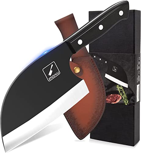 imarku Butcher Knife, 7 inch Sharp Meat Cleaver Hand Forged Serbian Chef Knife with Leather Sheath High Carbon Steel Cleaver Knife for Kitchen, Camping, BBQ, Christmas Gifts