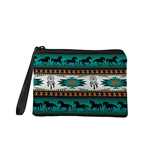GIFTPUZZ Aztec Horse Print Coin Purses Pouch Zipper Mini Handbags for Women Girls Fleece Cosmetic Bags Keychain Wristlet Mini Wallet with Wrist Strap Pocket Cards Change Organizer Vintage Green