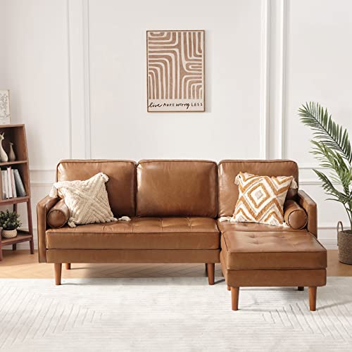 Vonanda Sectional Couch Sofa, L Shaped Couch Leather Sofa with Reversible Chaise and Bolster Pillows, Faux Leather Couch Small Couches for Living Room, Apartment and Small Space, Caramel