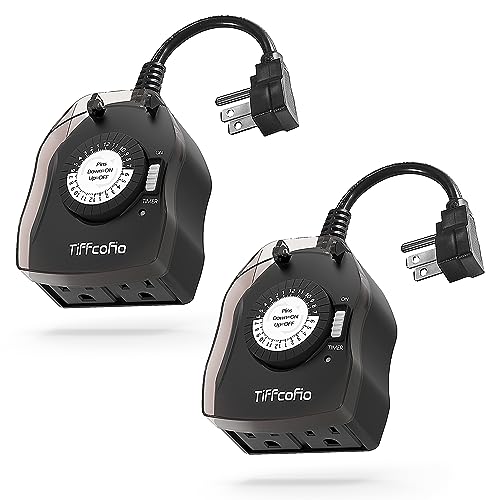 TiFFCOFiO Outdoor Timer Outlet, 24 Hour Mechanical Outdoor Timer for Lights, Outdoor Light Timer Waterproof, 2 Grounded Outlets for Home and Garden, 15A 1/2HP, Heavy Duty, CSA Listed (2 Pack)