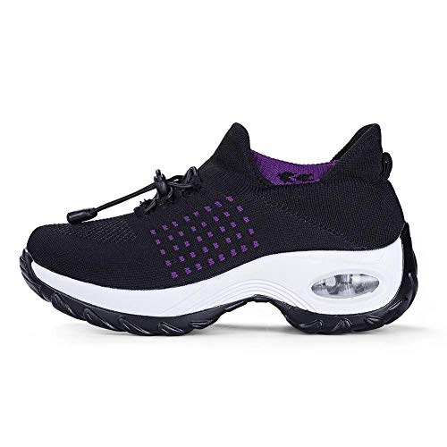 Women's Walking Shoes Sock Sneakers - Mesh Easy Lace Air Cushion Lady Girls Modern Jazz Dance Platform Nursing Shoes Purple&Black,11