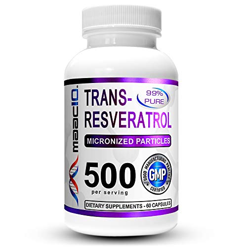 MAAC10 Trans Resveratrol 500mg Supplement (Micronized Pharmaceutical Grade 99% Pure Trans-Resveratrol Extract + BioPerine for Superior Absorption) (2X 250mg Capsules 60ct)