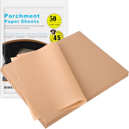 WMKGG 50Pcs Unbleached Parchment Paper for Baking, 12 x 16 Inch Precut Heavy Duty Parchment Paper Sheets for Cooking, Grilling, Air Fryer and Oven