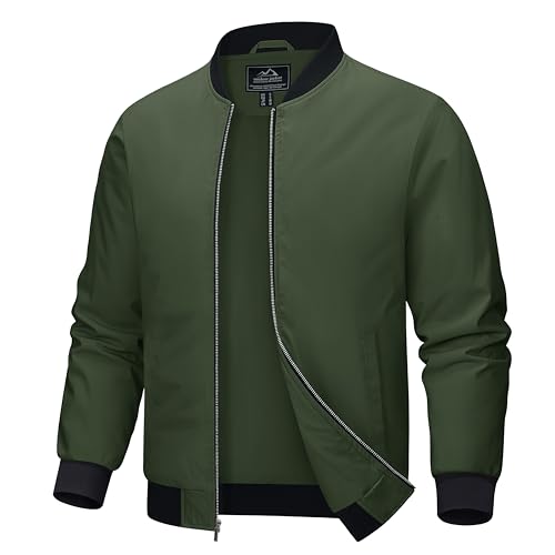 MAGCOMSEN Bomber Jacket Men Lightweight Jacket Full Zip Light Windbreaker Casual Stylish Golf Jackets Army Green M