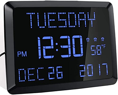 Digital Wall Clock, 11.5' Extra Large Display Calendar Alarm Day Clock with Date and of Week, Temperature,2 USB Chargers,3 Alarms, 5 Dimmer& 12/24Hr LED Desk for Office, Living Room, Bedroom, Elderly
