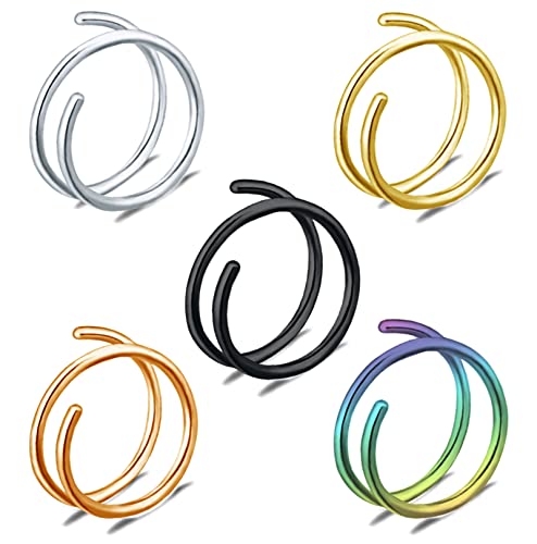Tanreeqee 18G Double Nose Ring for Single Piercing Stainless Steel Left and Right Double Hoop Nose Ring Spiral Nose Hoops Double Nose Ring for Women Men ((G 5pcs))