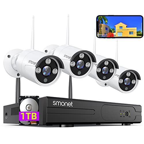 [3MP HD,Audio] SMONET WiFi Security Camera System,1TB Hard Drive,8CH Home Surveillance NVR Kit,4 Packs Outdoor Indoor IP Cameras Set,IP66 Waterproof,Free Phone APP,Night Vision,24/7 Video Recording