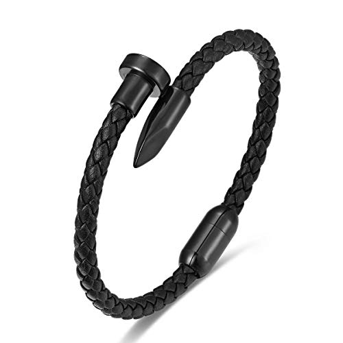 BIYONGDE Mens Womens Black Braided Leather Bangle Bracelet, Stainless Steel Black Nail Charm