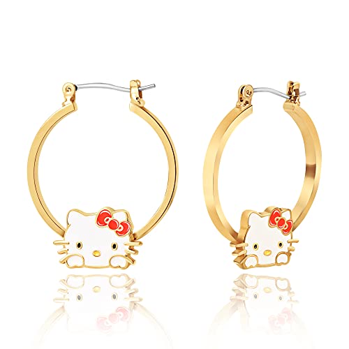 Sanrio Hello Kitty Womens Hoop Earrings - Gold Plated and Enamel Hello Kitty Earrings Officially Licensed