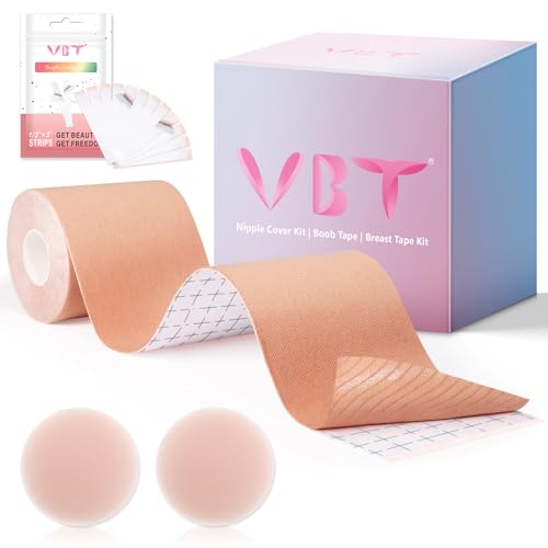 VBT Boob Tape - Breast Lift Tape, Body Tape for Breast Lift w 2 Pcs Silicone Breast Reusable Adhesive Bra, Bob Tape for Large Breasts A-G Cup, Nude