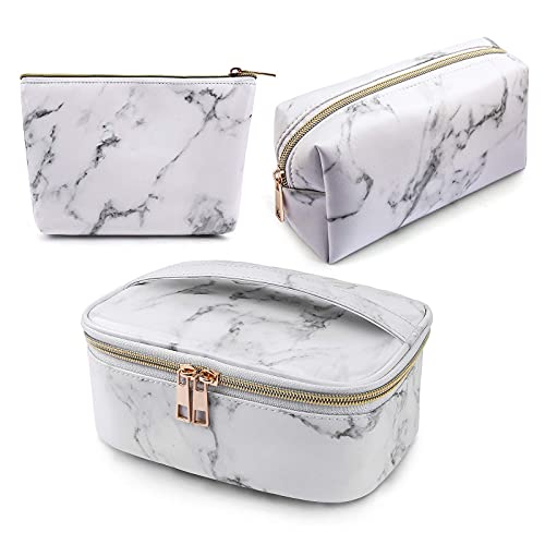 MAGEFY 3Pcs Makeup Bags Portable Travel Cosmetic Bag Waterproof Organizer Multifunction Case with Gold Zipper Marble Toiletry Bags for Women