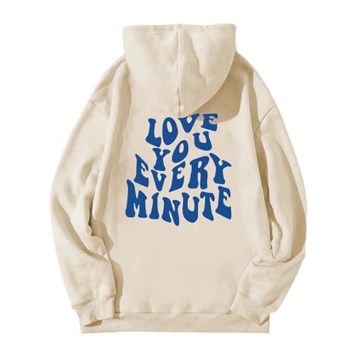 BLUBUKLKUN online shopping Hoodies for Women Y2K Trendy Fall 2023 Casual Hoodies Letter Graphic Print Long Sleeve Hooded Sweatshirt (Beige, L)