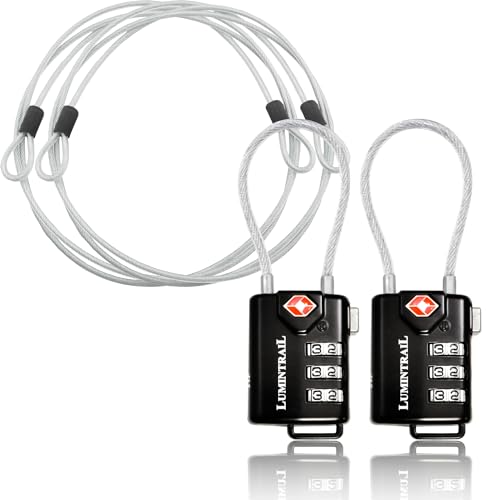 Lumintrail TSA Approved Lock for Luggage or Suitcase, Easy-to-Read 3 Digit Personalized Combination, Metal Travel Suitcase Luggage Lock, Black, with a 4-FT Braided Steel Cable (2 Pack)