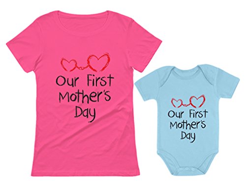 Tstars Our First Mothers Day Outfits New Mom Gifts Mommy and Me Matching Shirts Set Mom Pink X-Large/Baby Aqua 12M (6-12M)