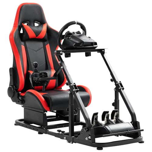 Supllueer Racing Simulator Cockpit with Red Seat 4 Arms Compatible with Logitech,Thrustmaster, T248 G25 G27 G29 G920 G923, Steering Wheel Stand Sim Cockpit Frame, Wheel Pedal Shifter Not Include